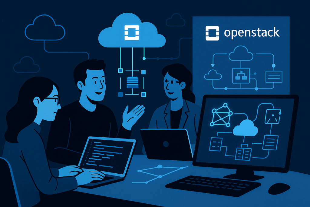 Developers collaborating on OpenStack, with laptops and cloud architecture diagrams.