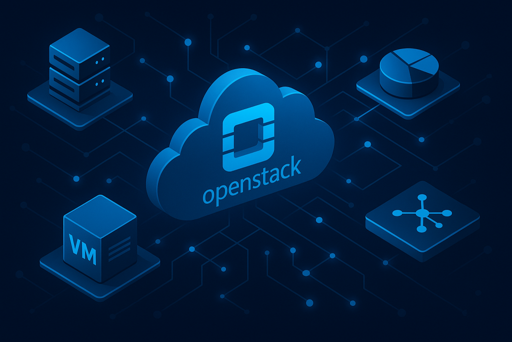 Abstract representation of OpenStack cloud computing, featuring virtualized resources and networks.