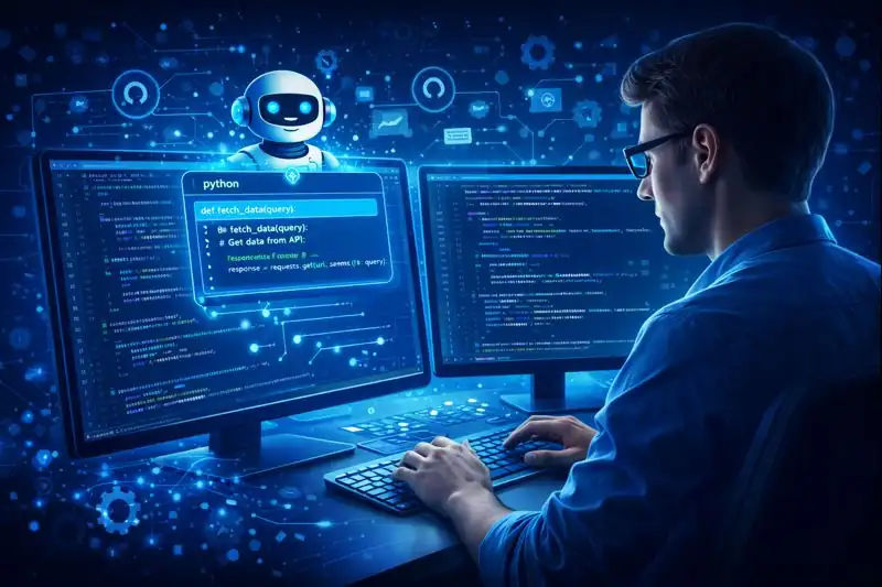 Developer using GitHub Copilot for real-time coding suggestions