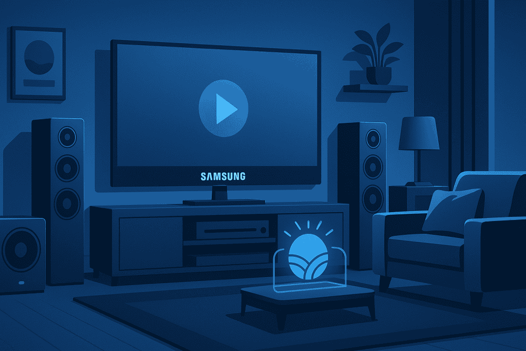 High-quality Samsung Surround Sound system setup in a living room.