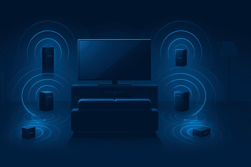 Wireless Samsung Surround Sound speakers creating a true surround experience.