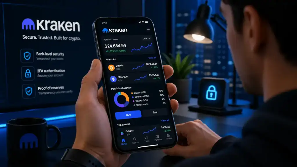 Mobile trader using the Kraken Crypto Exchange app