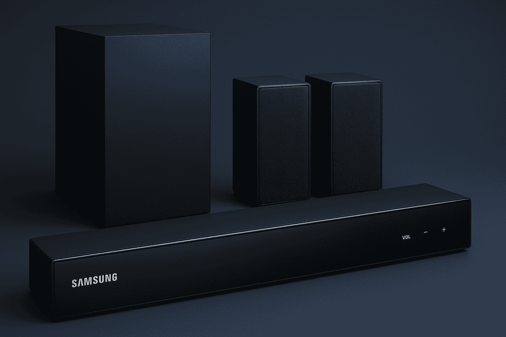 Samsung Surround Sound system with sleek black design and LED indicators.