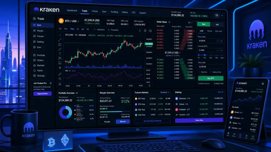 Advanced Kraken Crypto Exchange trading screen showing candlestick charts