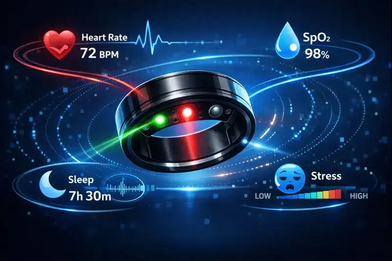 Vital Health Ring sensors monitoring heart rate, SpO2, sleep, and stress in real time.