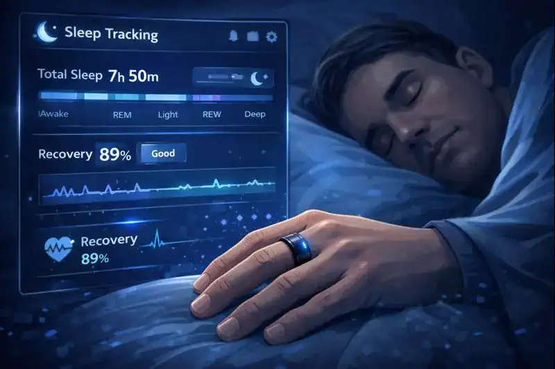 Person asleep wearing the Vital Health Ring while the app displays sleep stages and recovery insights.