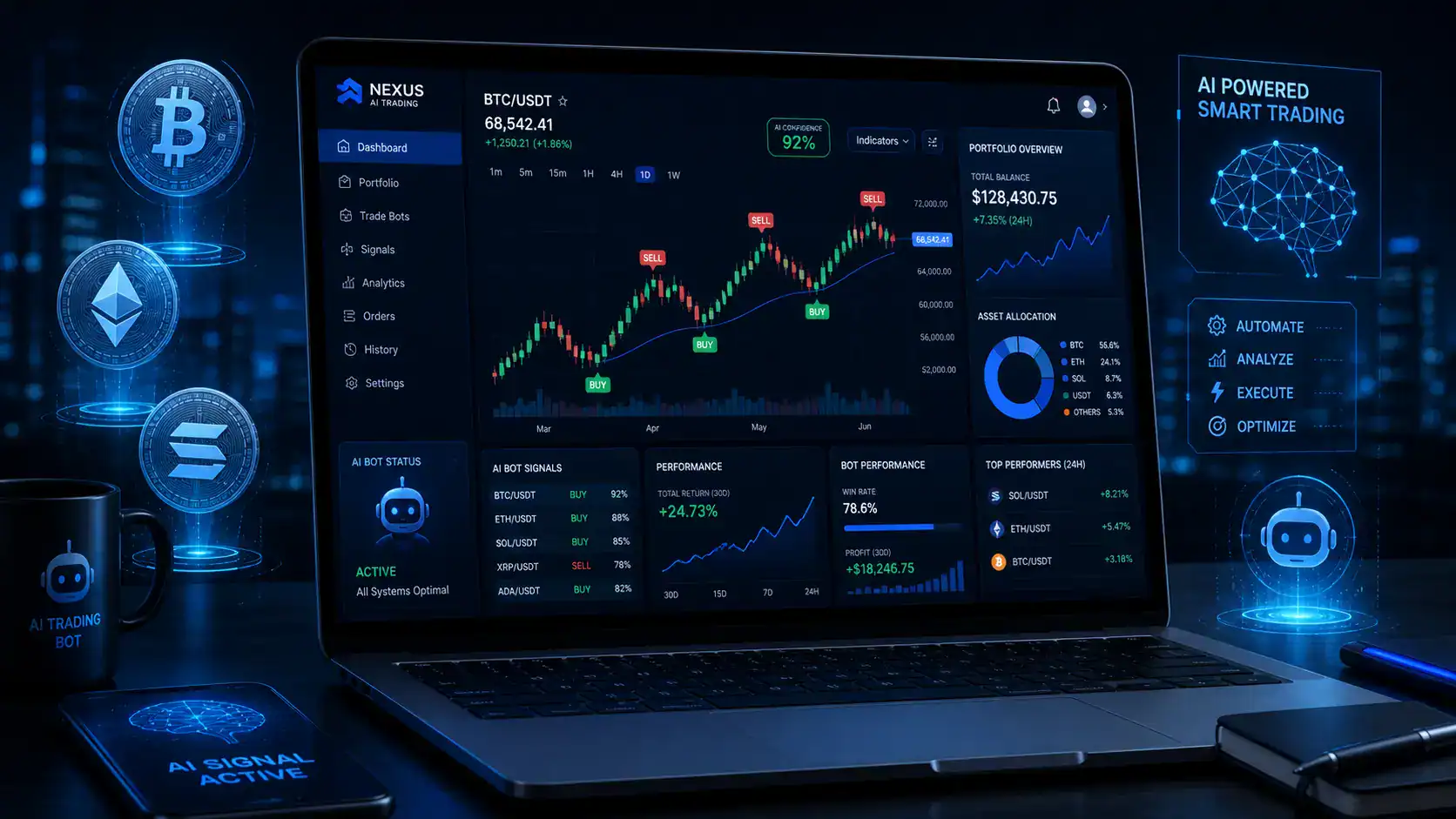 Automated crypto trading dashboard on a laptop with glowing charts