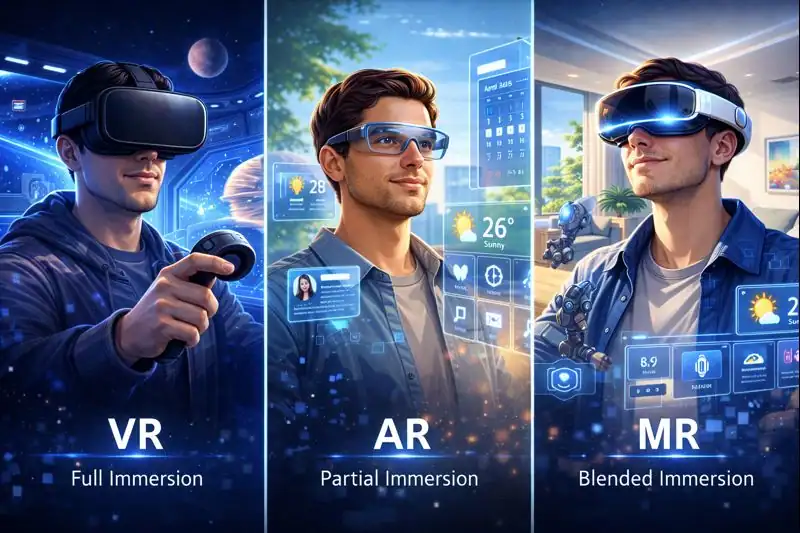 Side-by-side view of VR, AR, and MR showing different immersion levels in Extended Reality.
