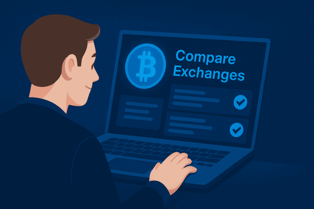 Comparing cryptocurrency exchanges on a laptop, with Bitcoin's logo on the screen.