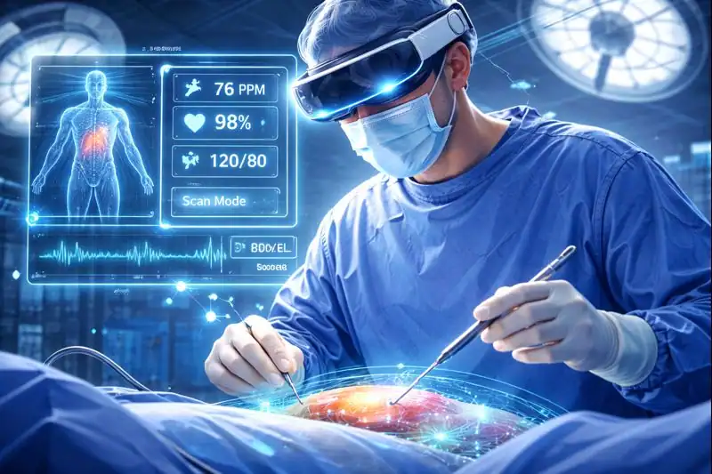 Surgeon using AR/XR guidance overlays during a procedure for real-time visualization and precision.