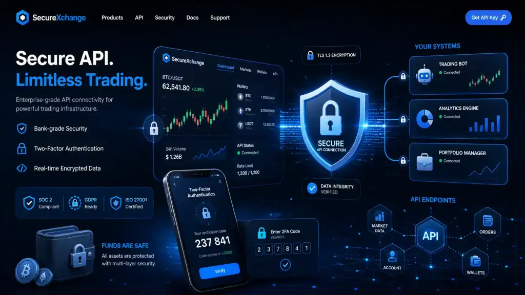 Secure exchange API connection concept with two-factor authentication