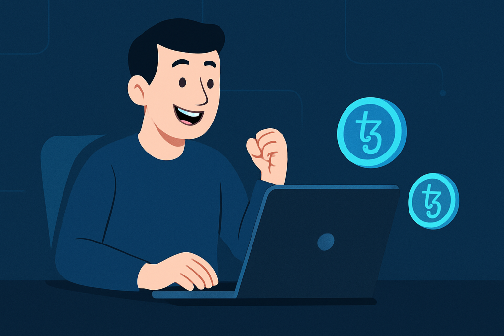 A happy crypto investor checking their Tezos staking rewards on a laptop.