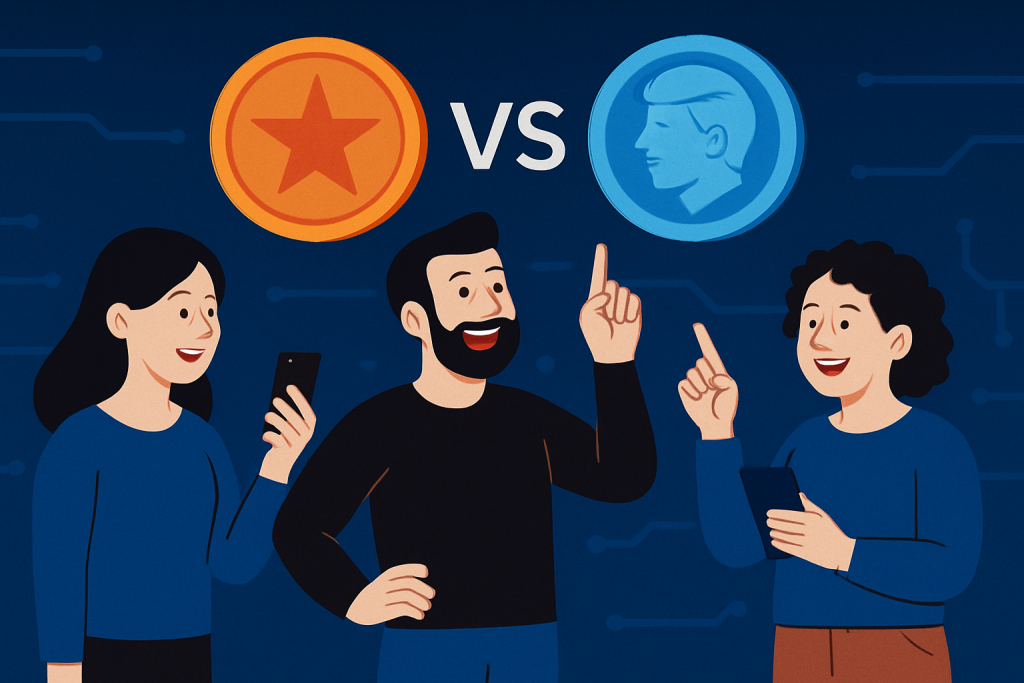 Three people comparing Trump Coin and MAGA Coin icons against a tech-themed backdrop.