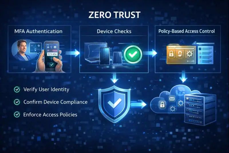 Diagram showing Zero Trust flow: MFA authentication, device checks, and policy-based access control.