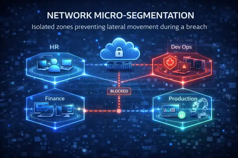 Network micro-segmentation illustration with isolated zones preventing lateral movement during a breach.