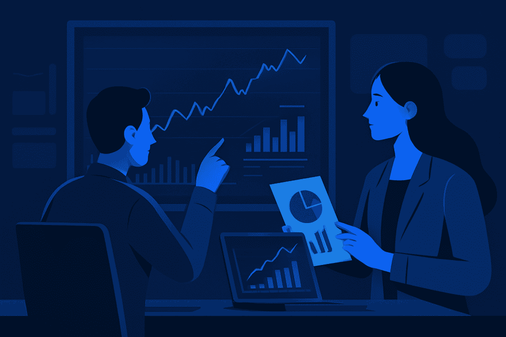 Investors analyzing stock market data with graphs and charts.


