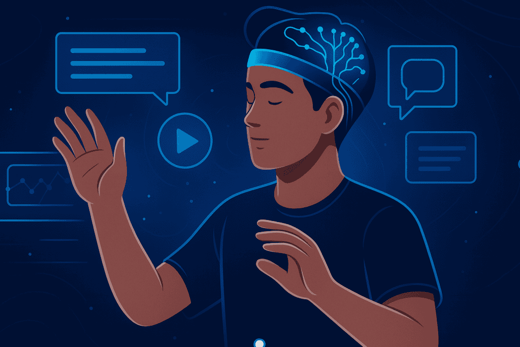 A person seamlessly interacting with digital interfaces using only their thoughts.