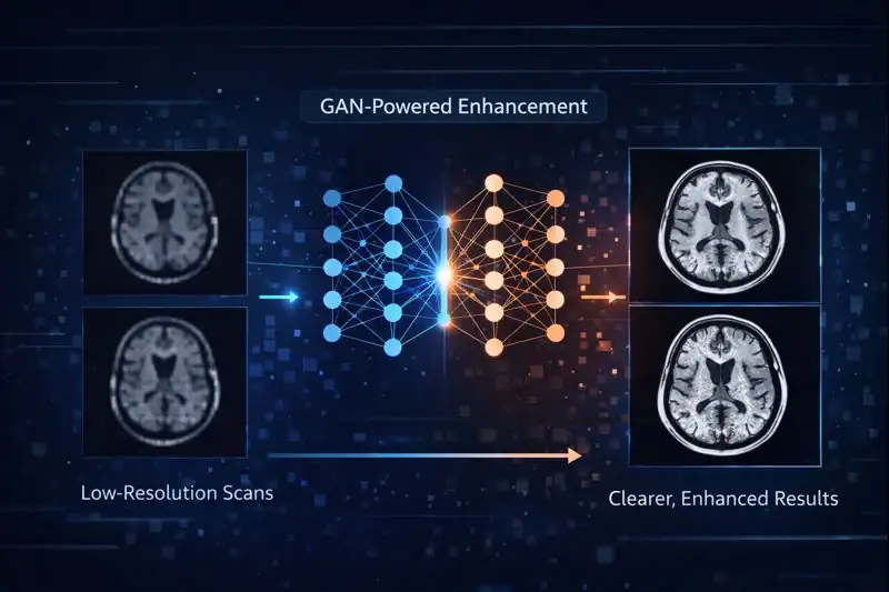 Generative Adversarial  Networks-powered image enhancement example improving low-resolution medical scans into clearer results.