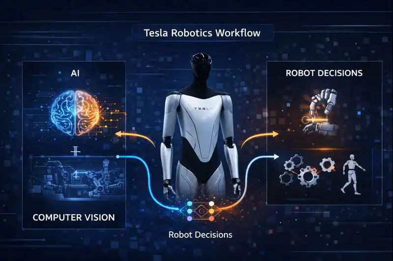 Diagram showing Tesla Robotics workflow: AI + computer vision guiding robot decisions.