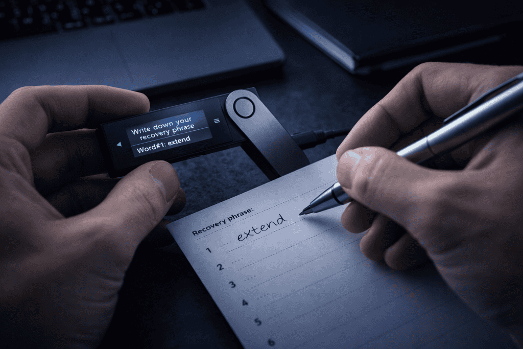 Hands write crypto wallet recovery phrase during secure setup.