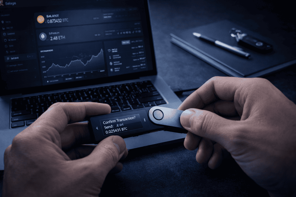 User confirms crypto transaction on hardware wallet beside laptop dashboard.