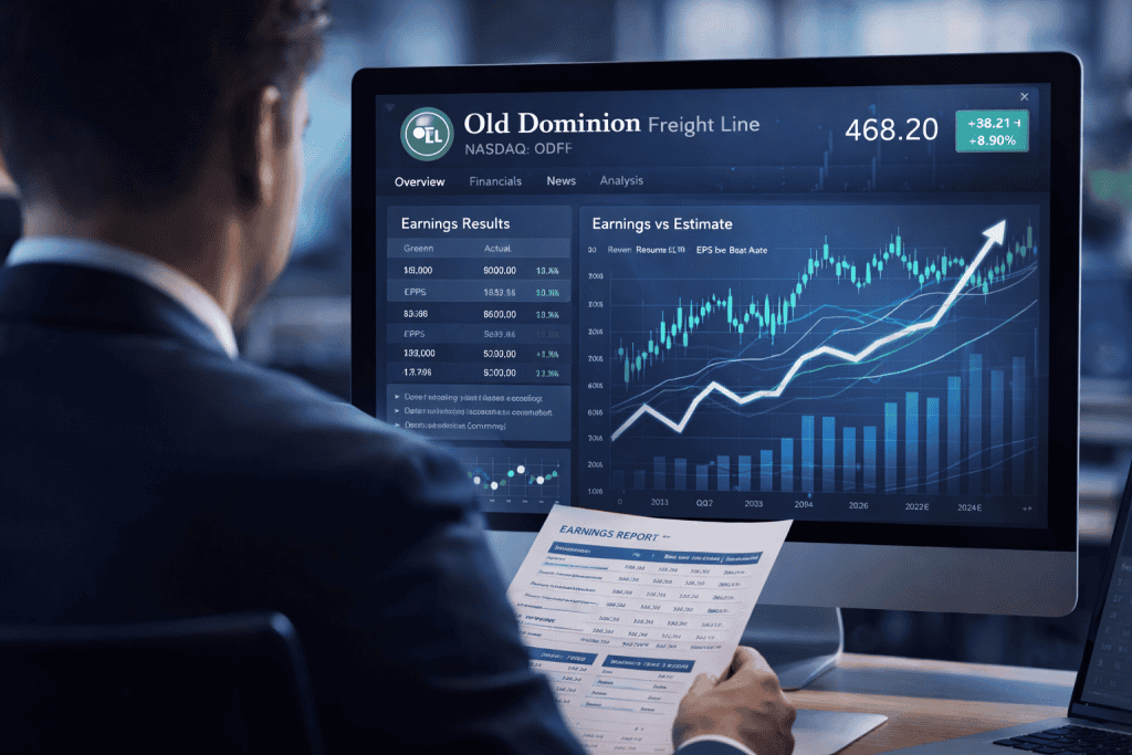 Investor reviewing ODFL stock dashboard with earnings and market trend graphs