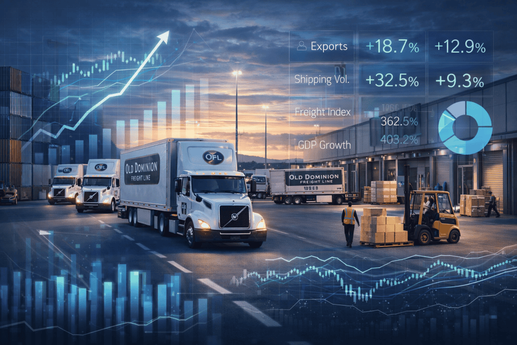 Logistics terminal with freight trucks, cargo handling, and economic data charts