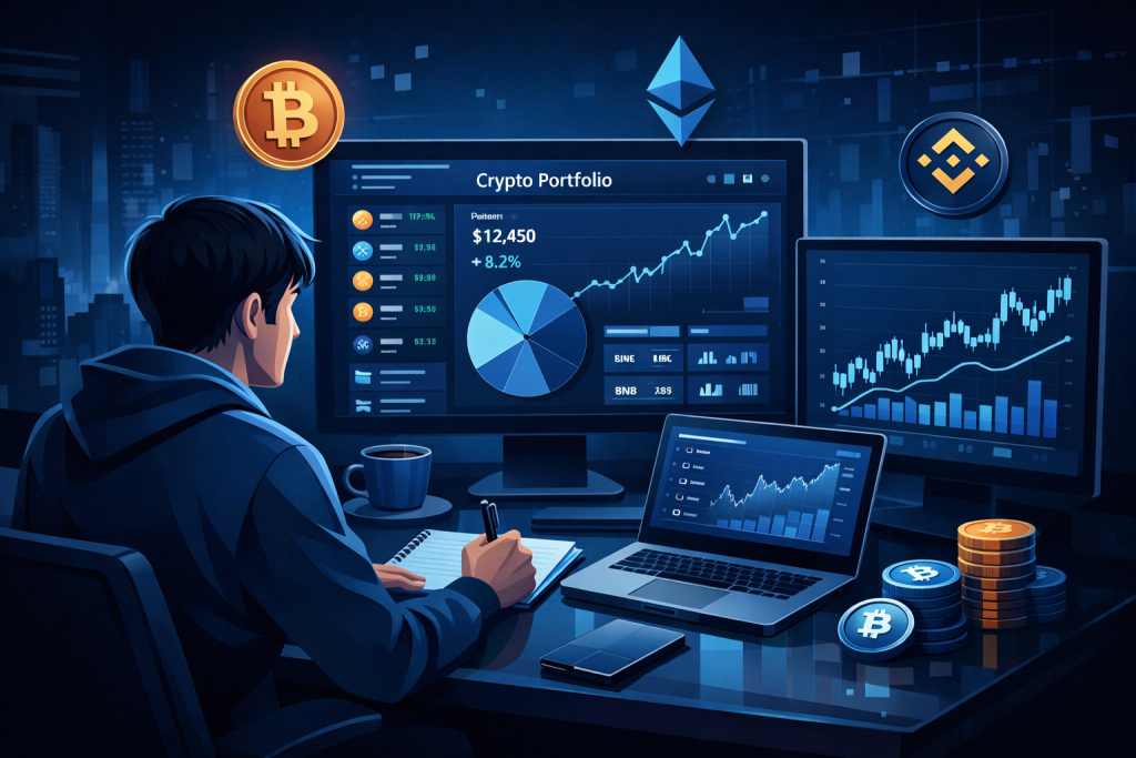 Person planning a crypto portfolio dashboard with charts and coin icons