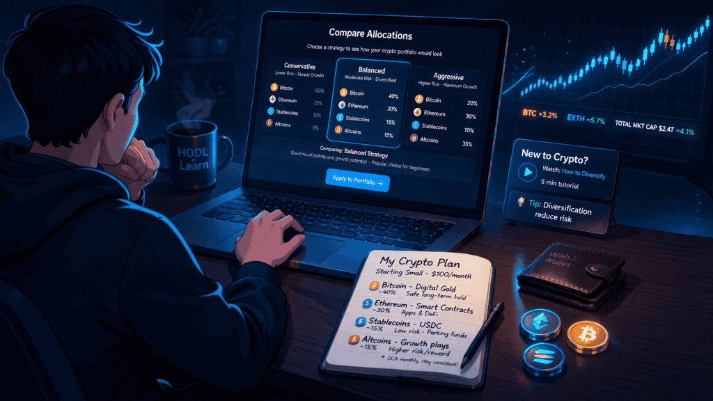 Beginner comparing crypto allocations on laptop with notes and wallet
