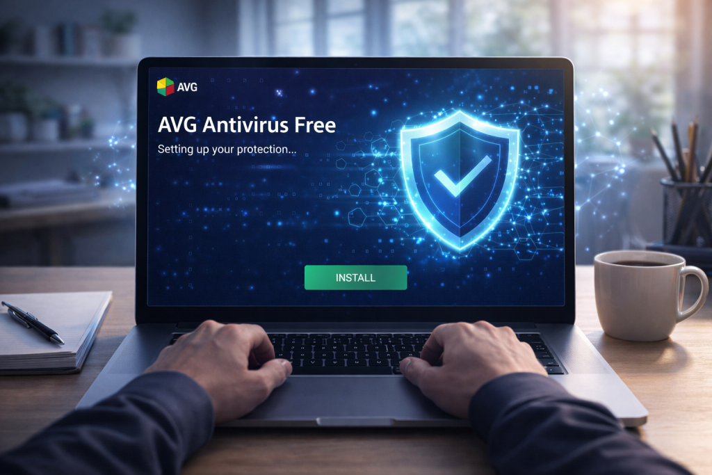 Person setting up AVG Antivirus Free on laptop with cybersecurity shield
