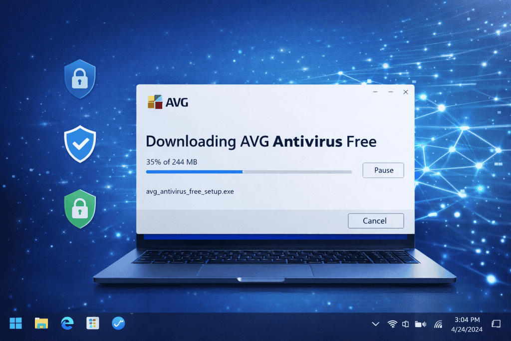 AVG Antivirus Free installer downloading on Windows desktop with security icons