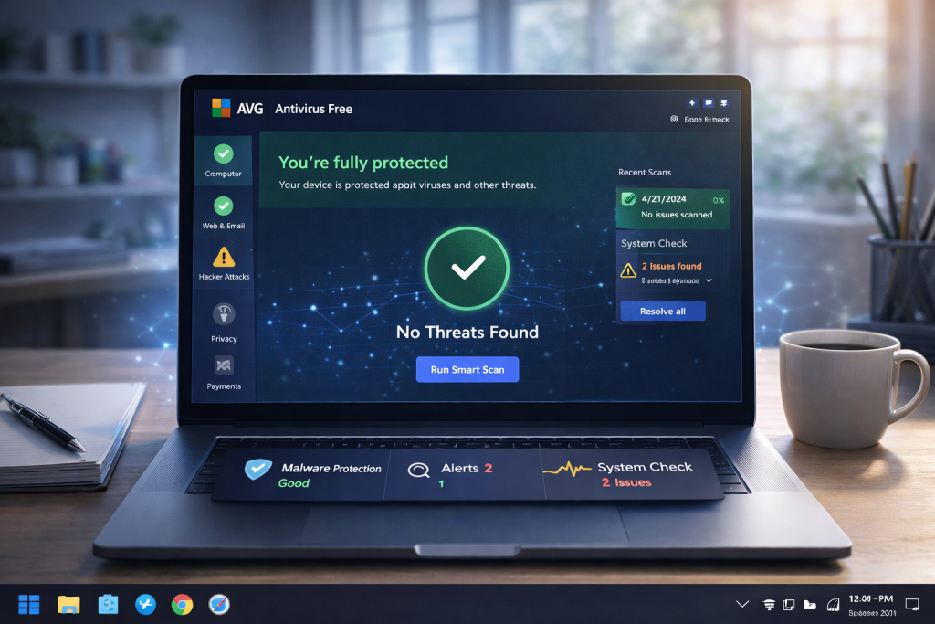AVG Antivirus Free dashboard showing malware protection, alerts, and system check