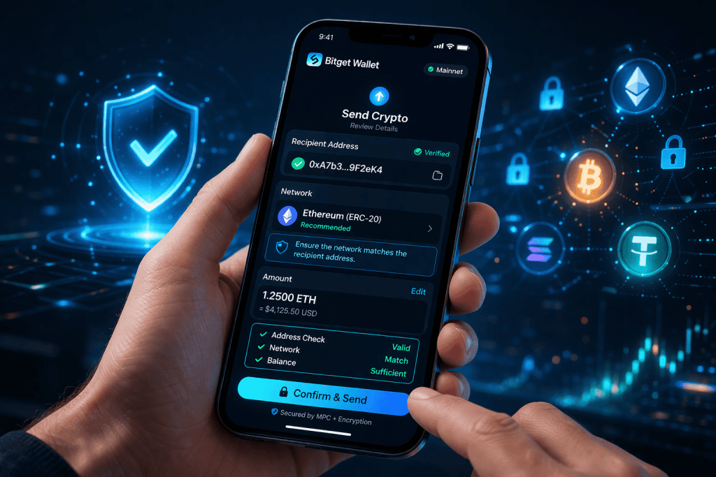 User verifying wallet address and network before Bitget crypto transfer