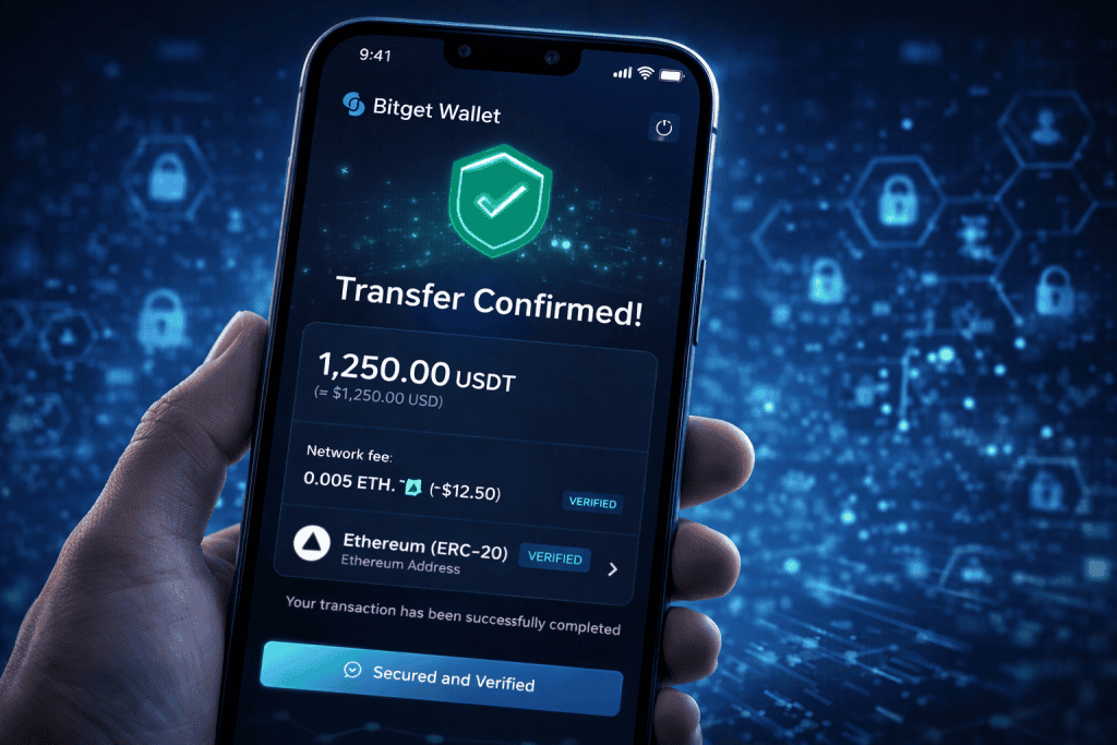 Bitget Wallet transfer confirmation showing amount, fees, and security verification
