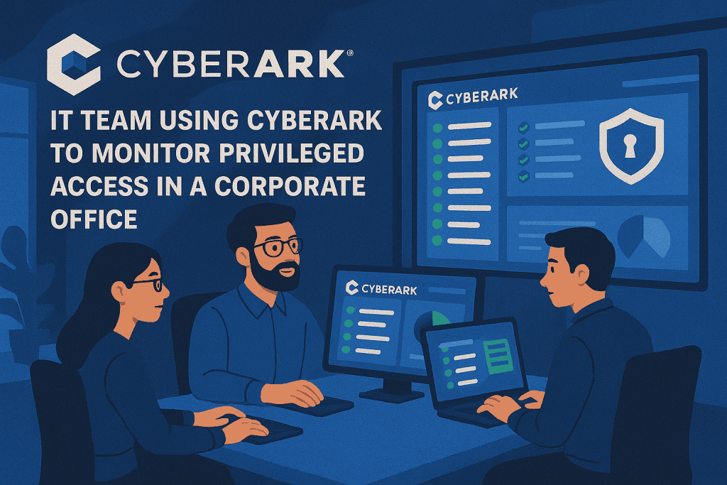 IT team using CyberArk to monitor privileged access in a corporate office.