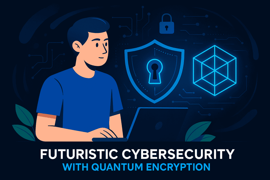 Futuristic cybersecurity concept with quantum encryption