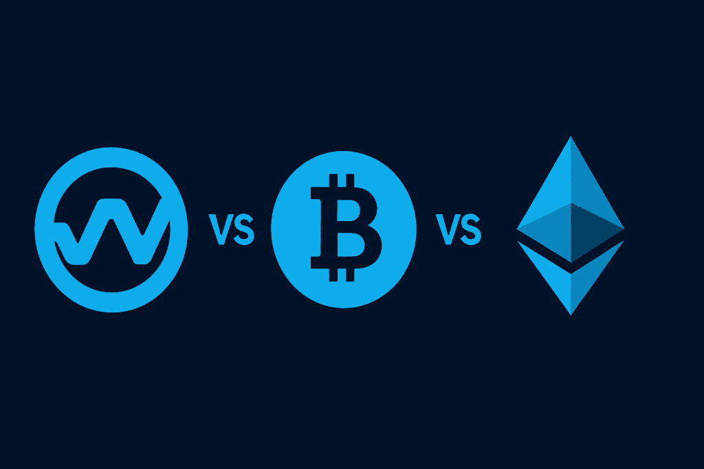 Worldcoin vs. Bitcoin vs. Ethereum feature comparison.