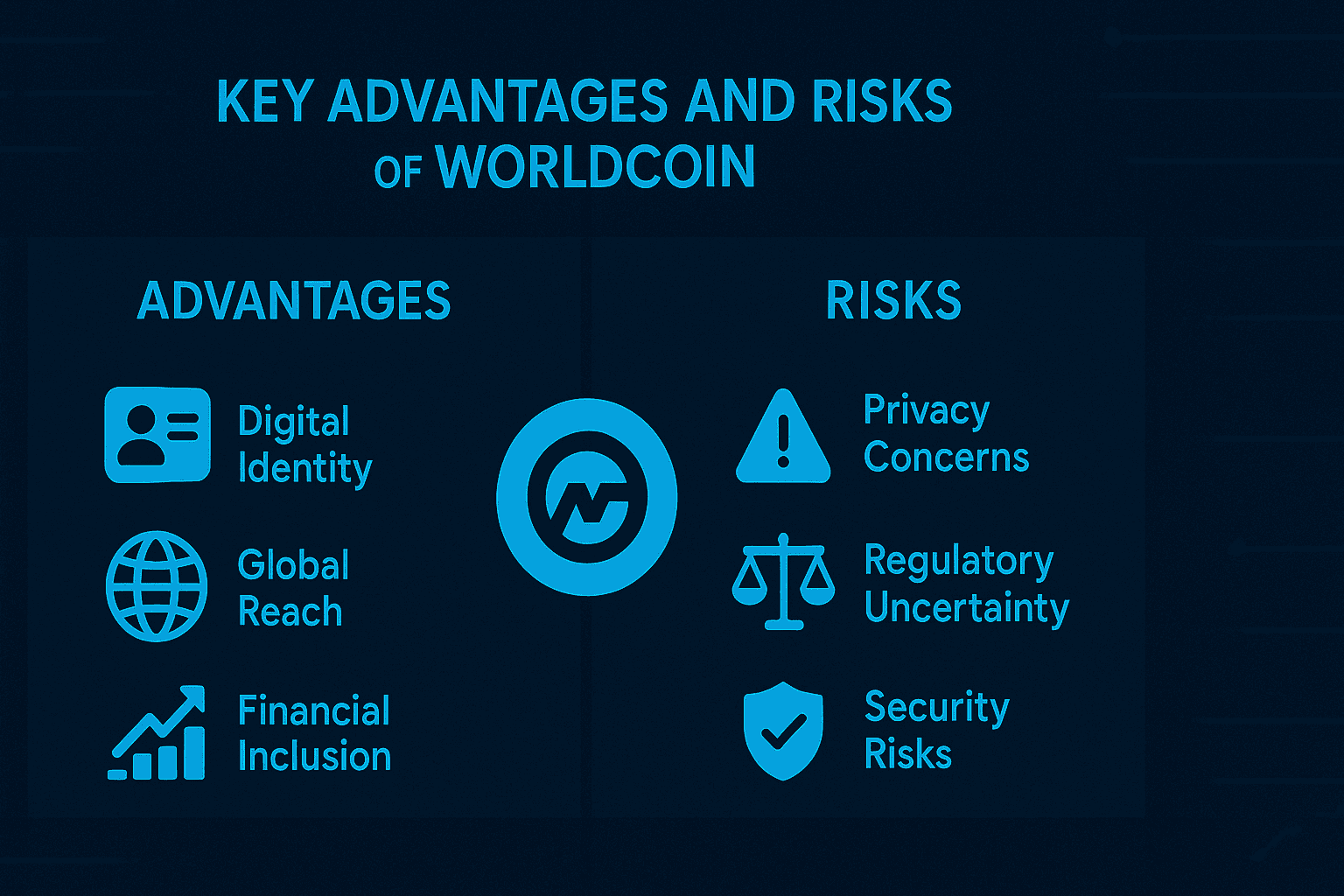 Key advantages and risks of Worldcoin in an infographic.