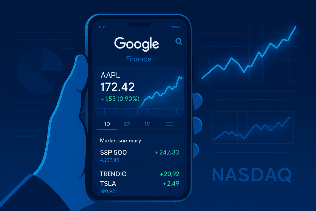 (Featured Image): Google Finance App interface displaying stock market data.