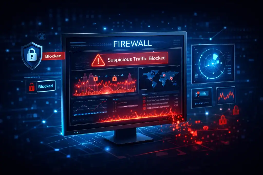 Firewall dashboard blocking suspicious traffic with Cyber Security Solutions in action