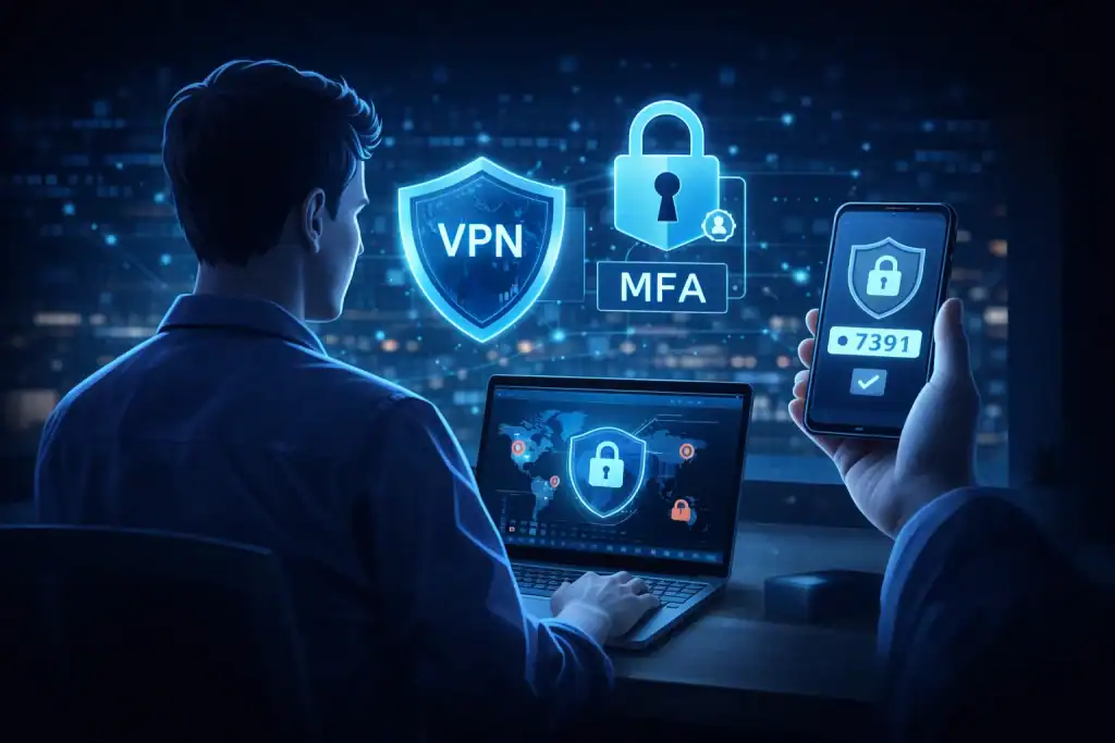 Remote worker using VPN and MFA icons representing Cyber Security Solutions protection