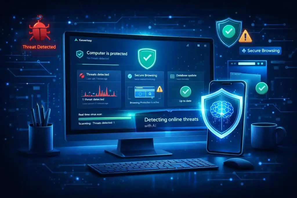 Kaspersky Antivirus dashboard on a desktop screen detecting online threats with AI-powered protection, secure browsing alerts, and real-time virus scanning