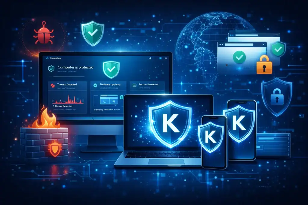 Kaspersky Antivirus defending personal and business devices through layered cybersecurity, firewall protection