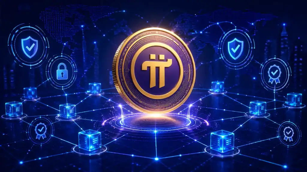 Pi Coin surrounded by blockchain nodes and secure verification icons
