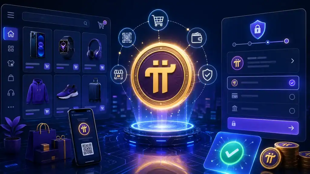Pi Coin displayed in a futuristic online marketplace, highlighting its potential use in digital payments and e-commerce.
