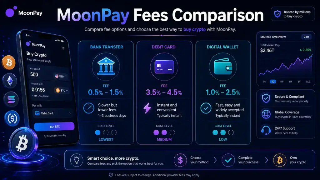 MoonPay Fees comparison chart with bank transfer, debit card, and digital wallet