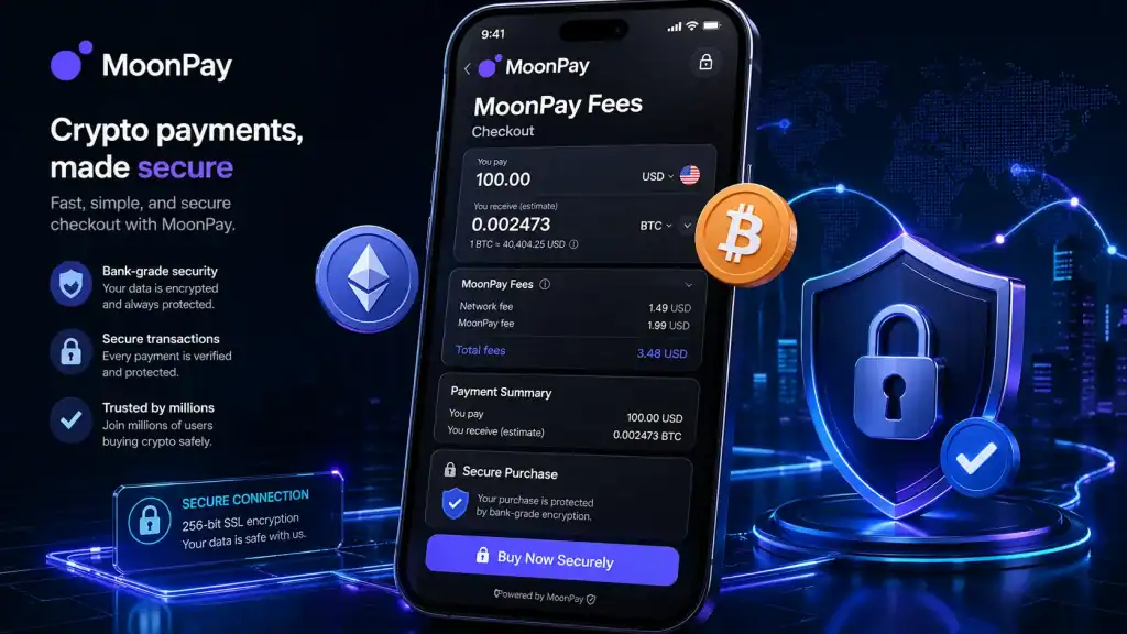 MoonPay Fees shown on a smartphone checkout screen with Bitcoin and Ethereum icons in a secure crypto transaction.