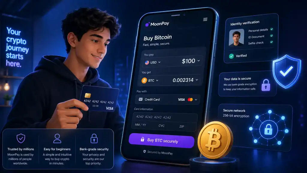 Is MoonPay Safe illustration of a beginner buying Bitcoin with a credit card 