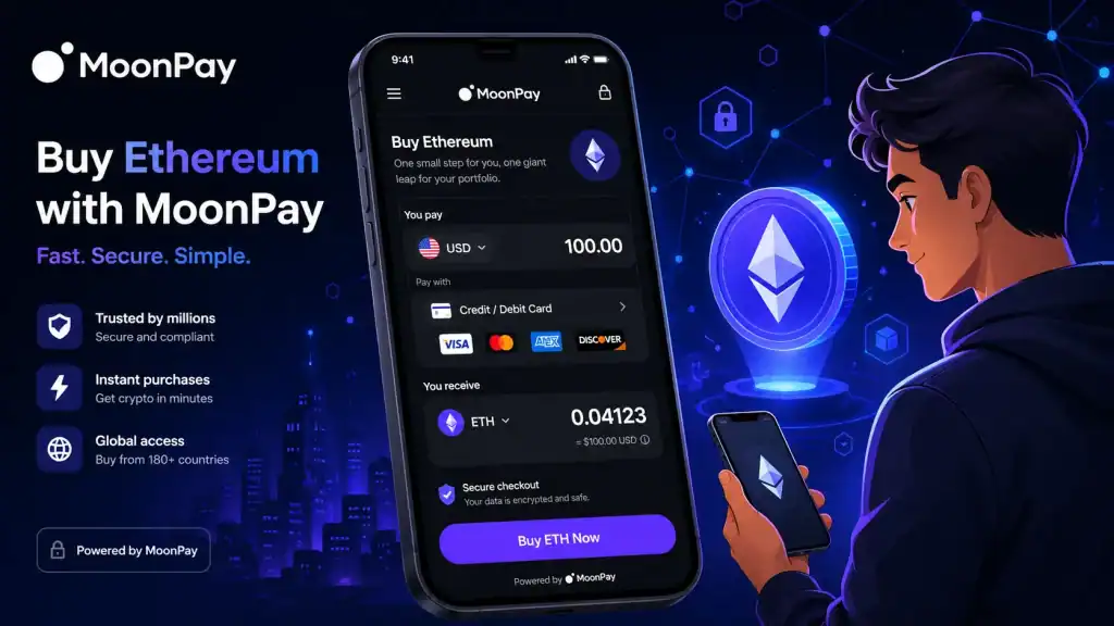 MoonPay user buying Ethereum on a smartphone with credit card