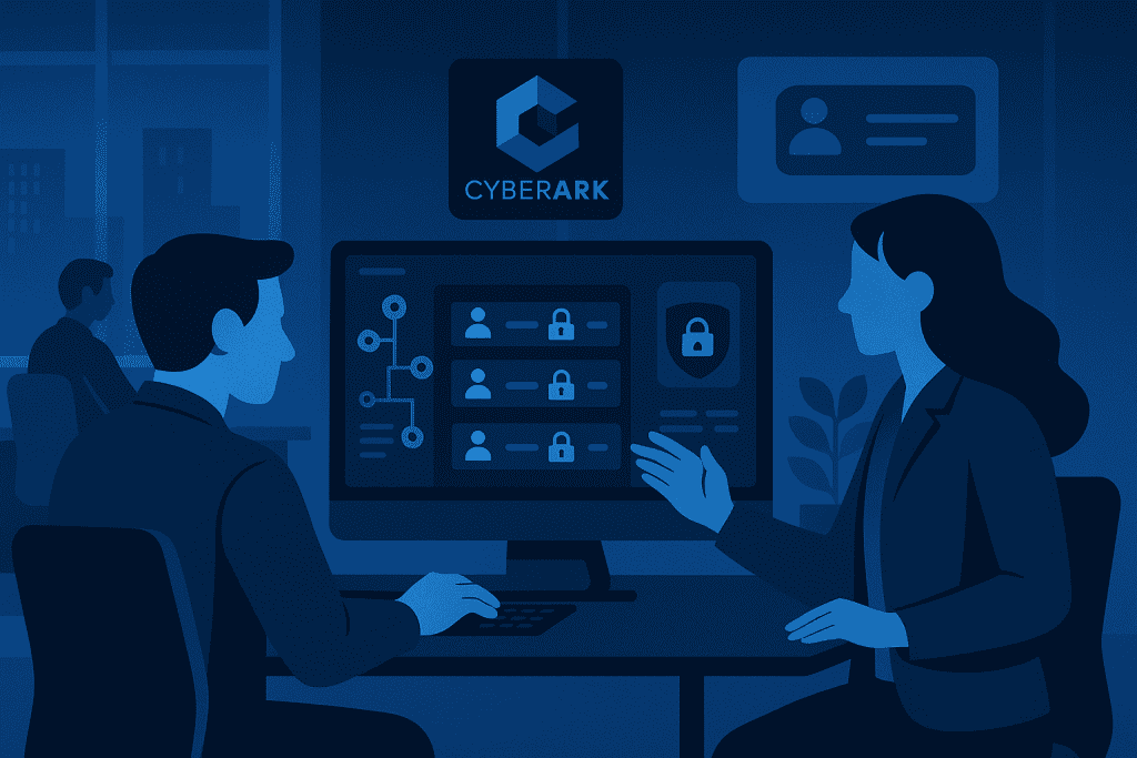 IT team using CyberArk to monitor privileged access in a corporate office.